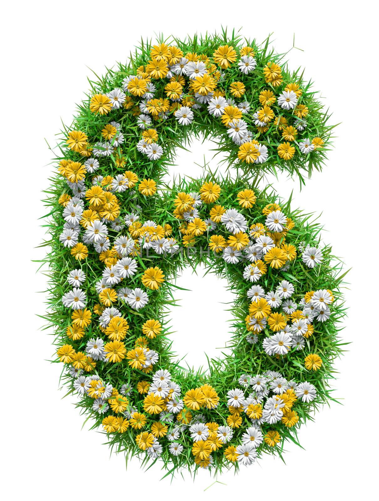 Number 6 of Green Grass And Flowers, isolated on white background. 3D illustration