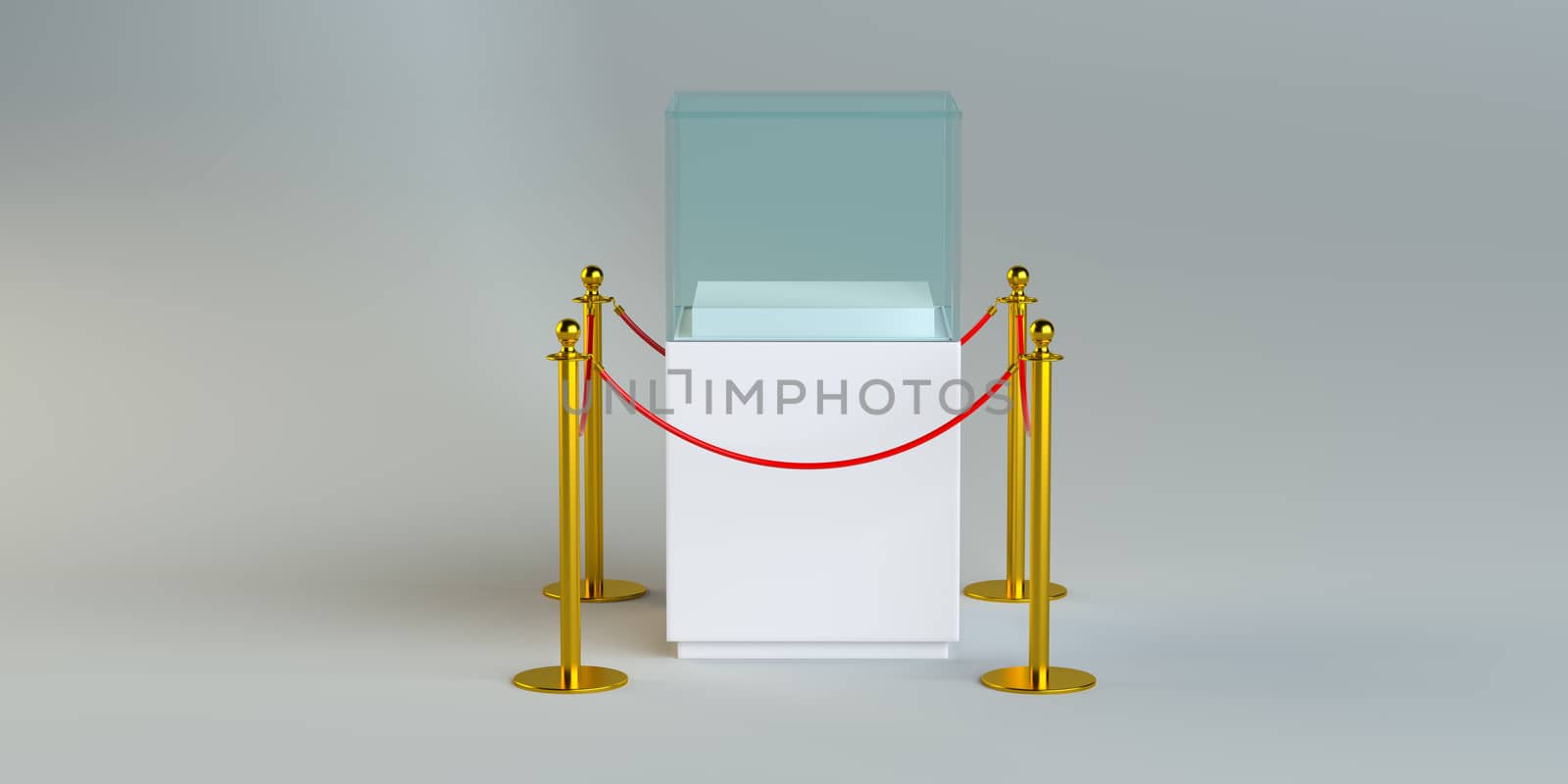 Glass exhibition with rope barrier. 3D Illustration