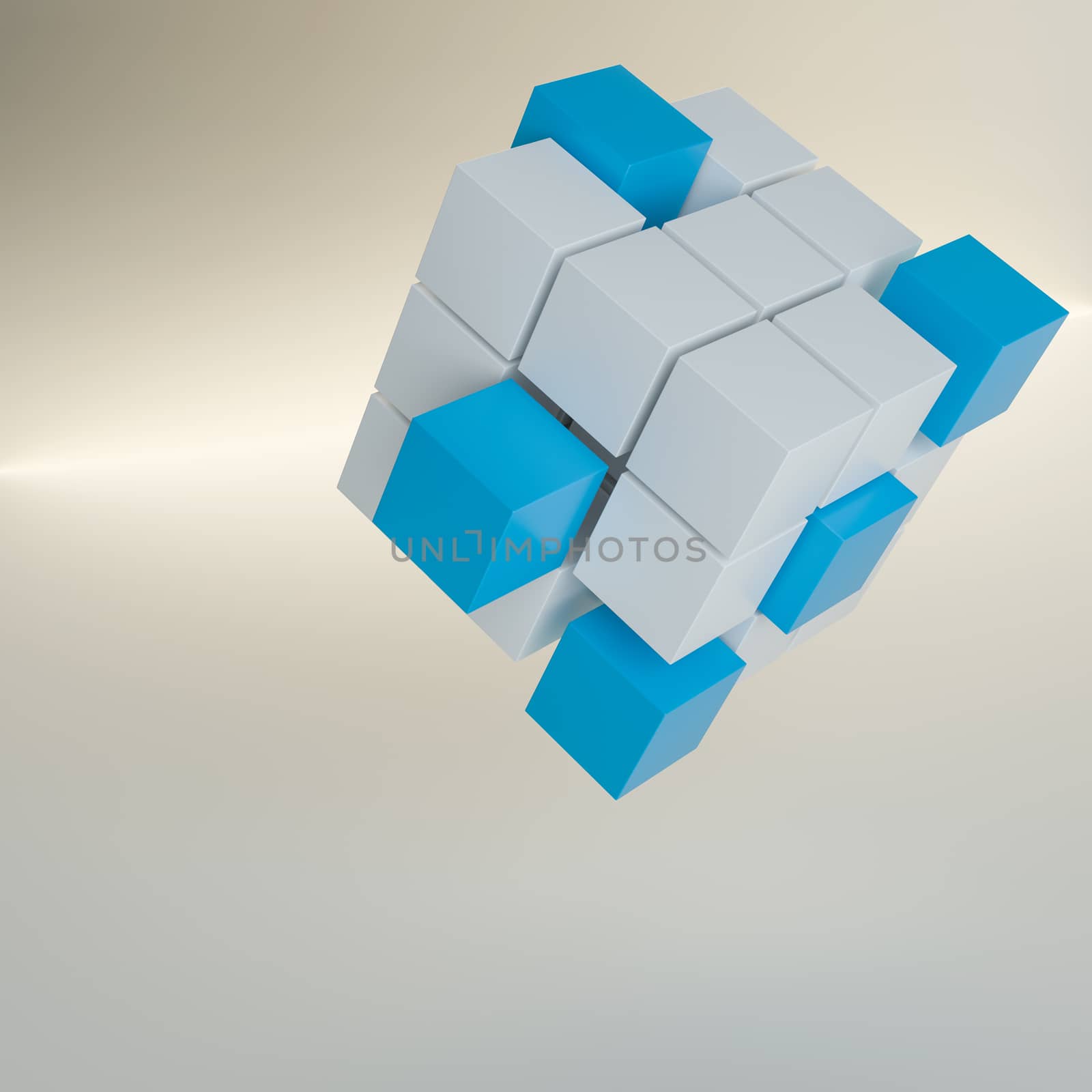 Abstract background with cubes and glowing line. 3D illustration. Template for your design