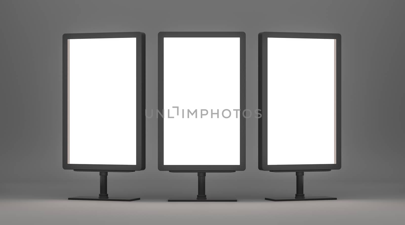Blank billboards with copy space for your content. Empty Lightboxes on gray background. 3D Rendering