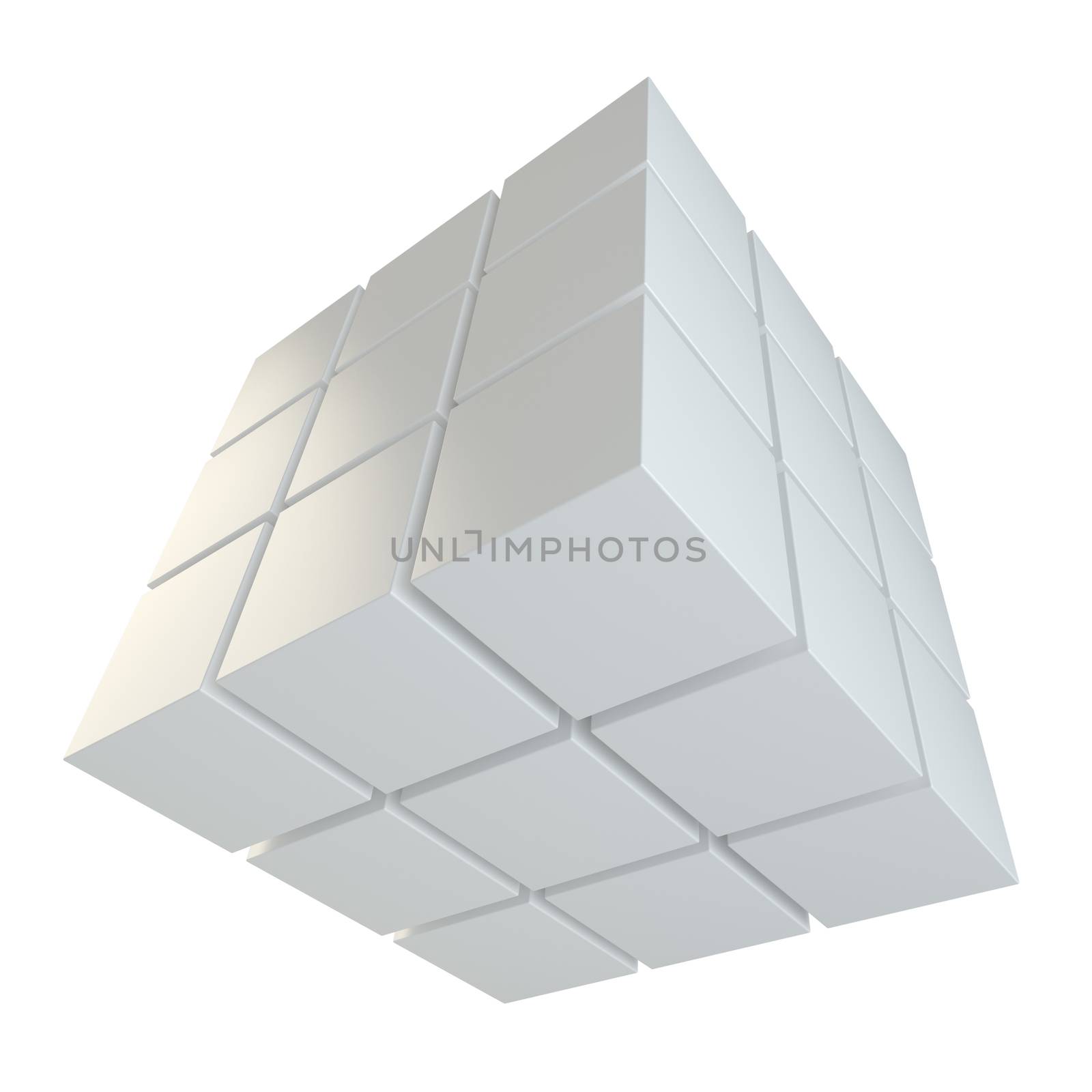 Abstract 3d illustration of cube assembling from blocks. Isolated on white. Template for your design