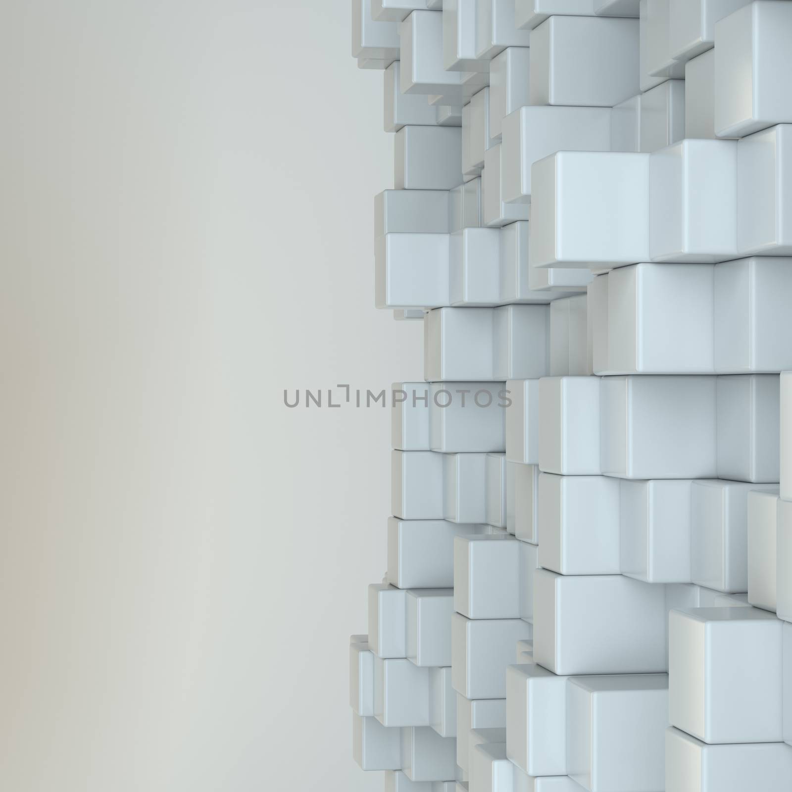 Wall of white cubes. 3D Illustration. Gray background. Web design element