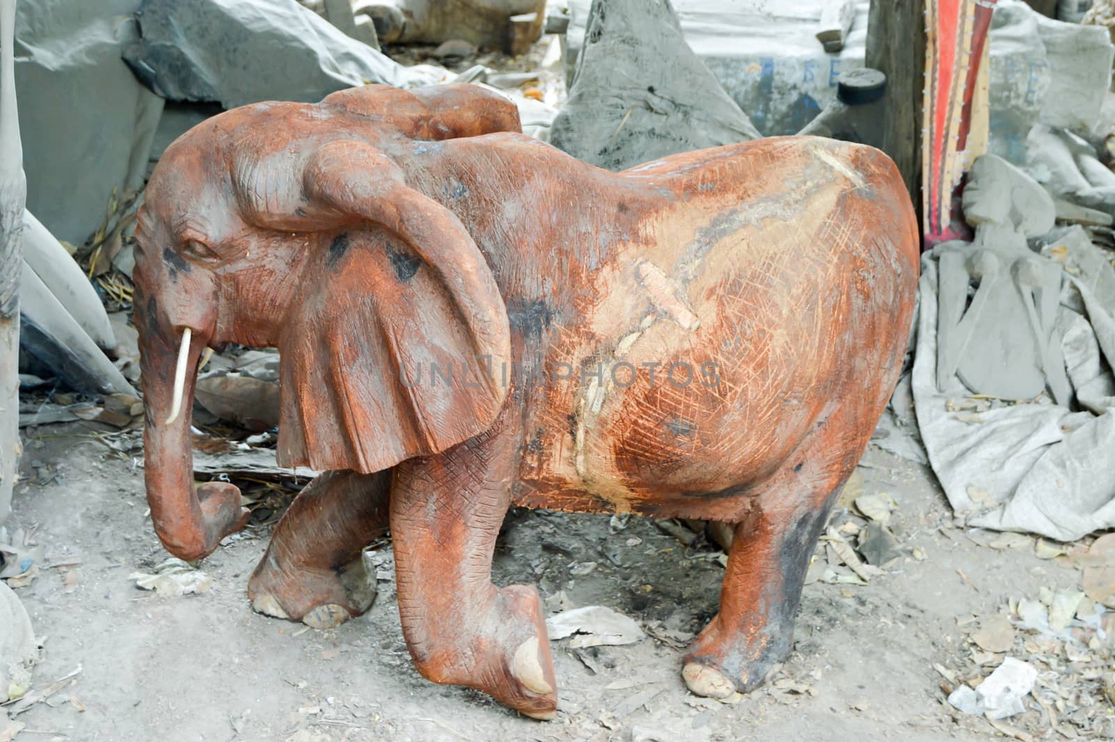 Sculpted representation of a wooden elephant in a cooperative in Mombasa