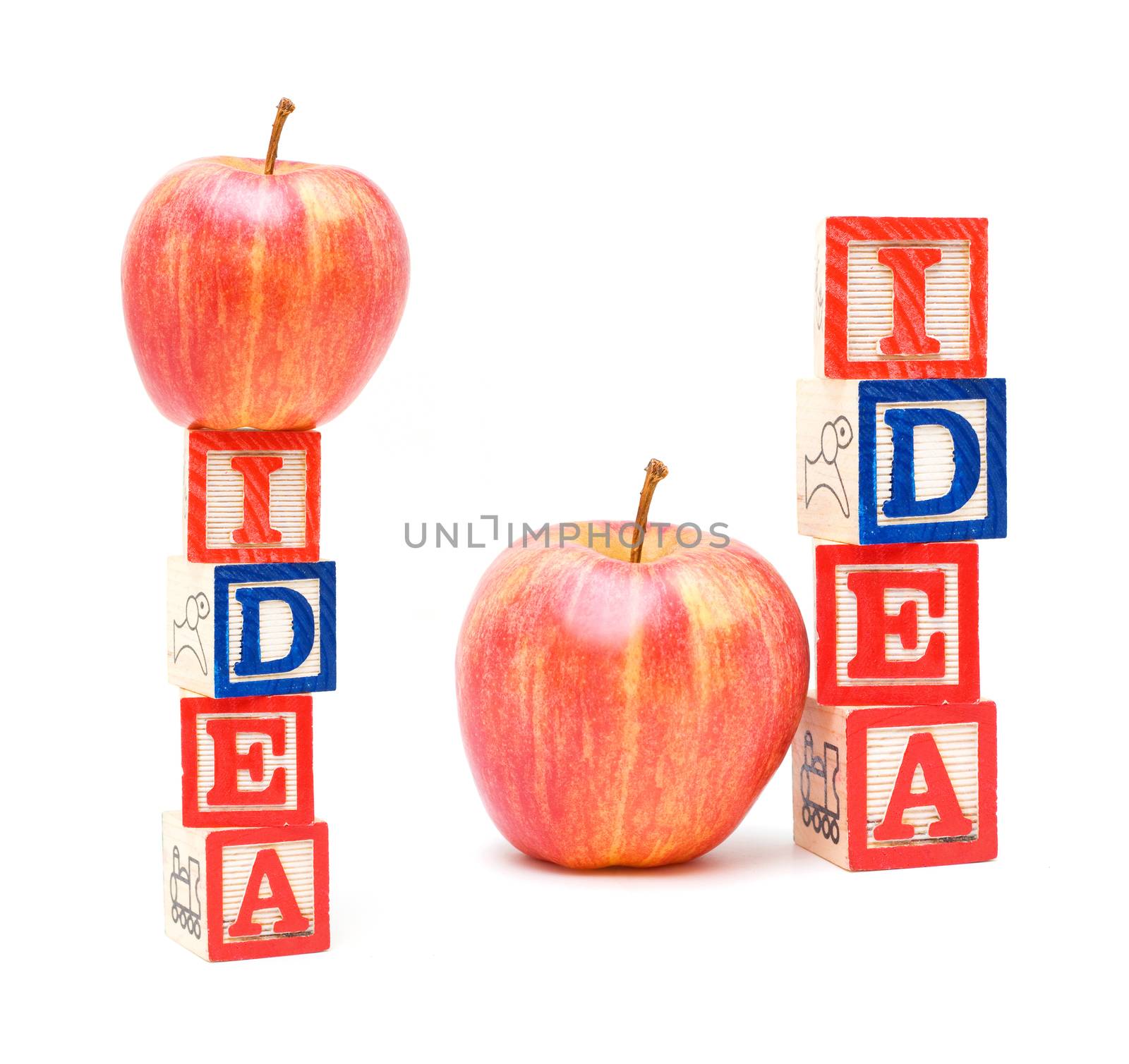Alphabet Blocks IDEA and apple isolated on white background