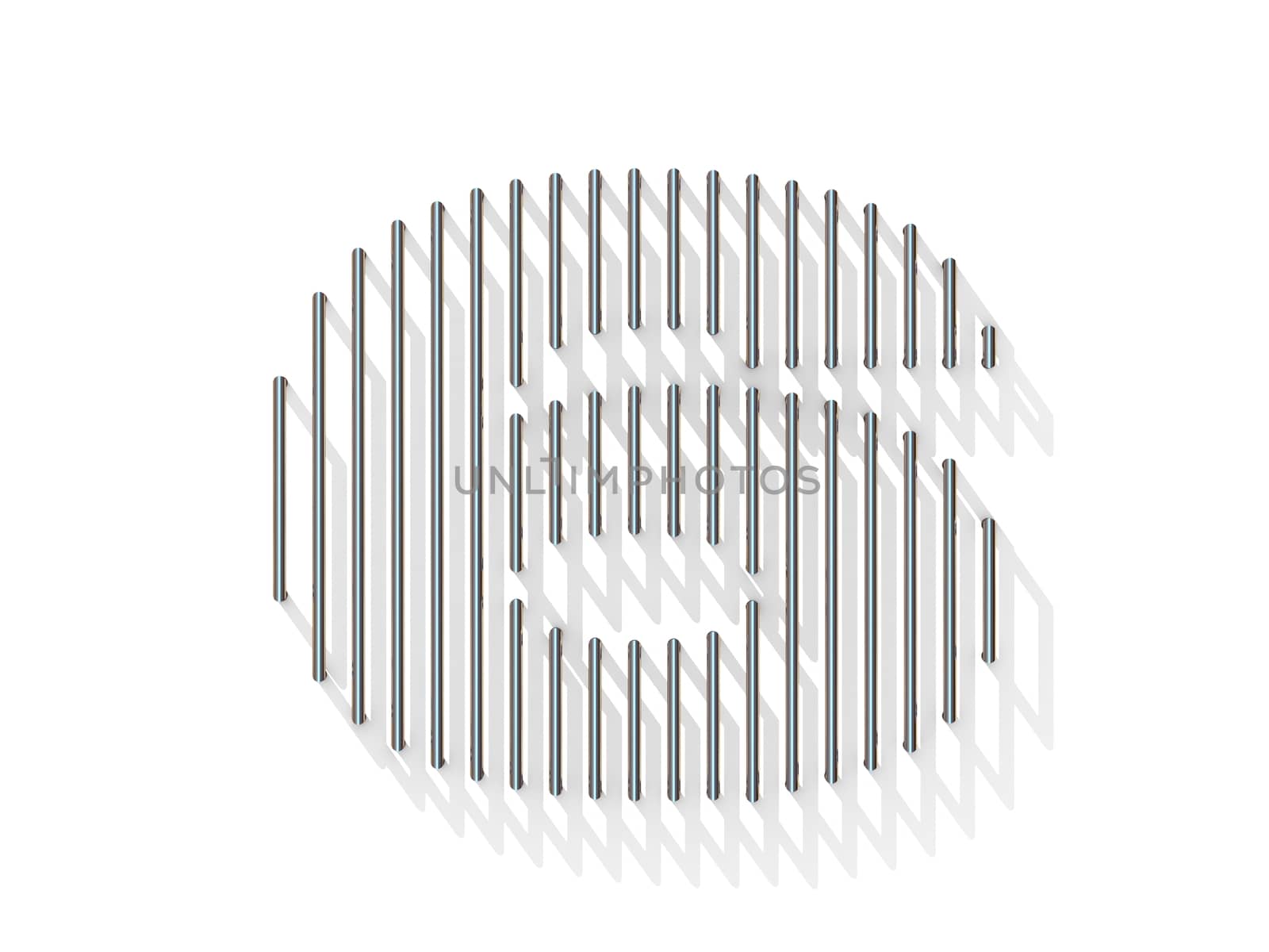 Silver, steel wire font. Number SIX 6 with vertical shadows. 3D render illustration isolated on white background