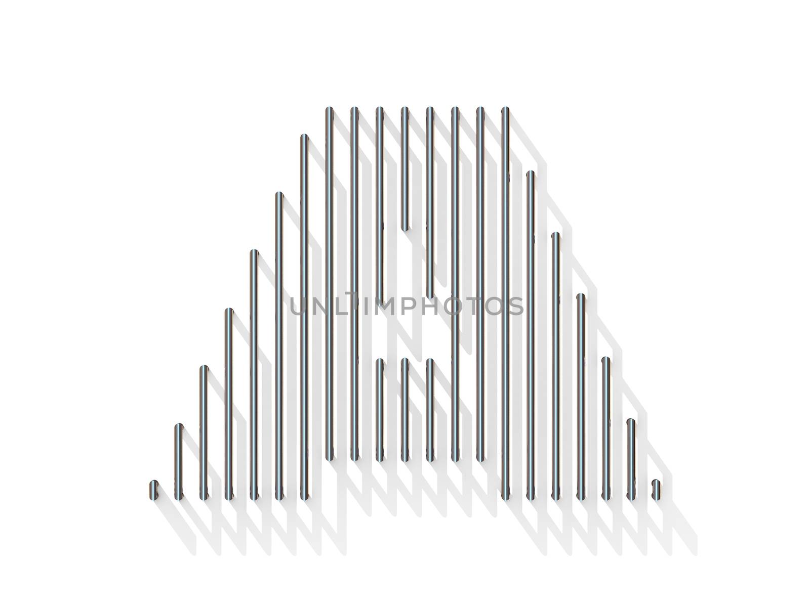 Silver, steel wire font. Letter A with vertical shadows.  3D render illustration isolated on white background