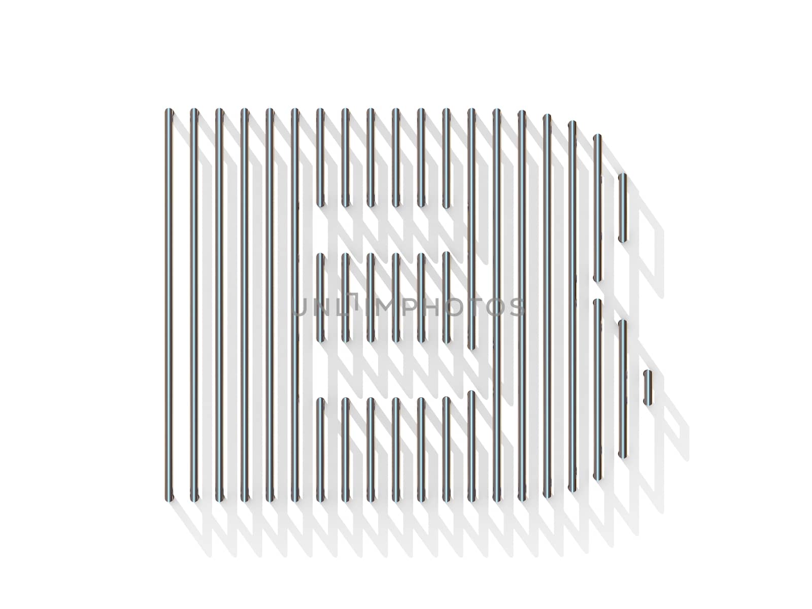 Silver, steel wire font. Letter B with vertical shadows.  3D render illustration isolated on white background