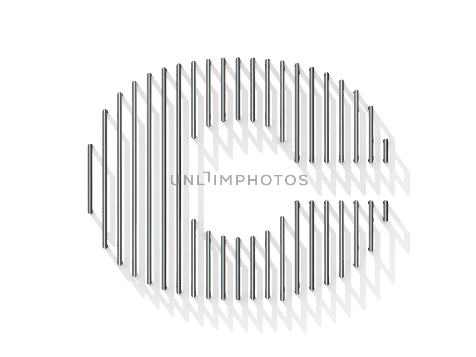 Silver, steel wire font. Letter C with vertical shadows.  3D render illustration isolated on white background