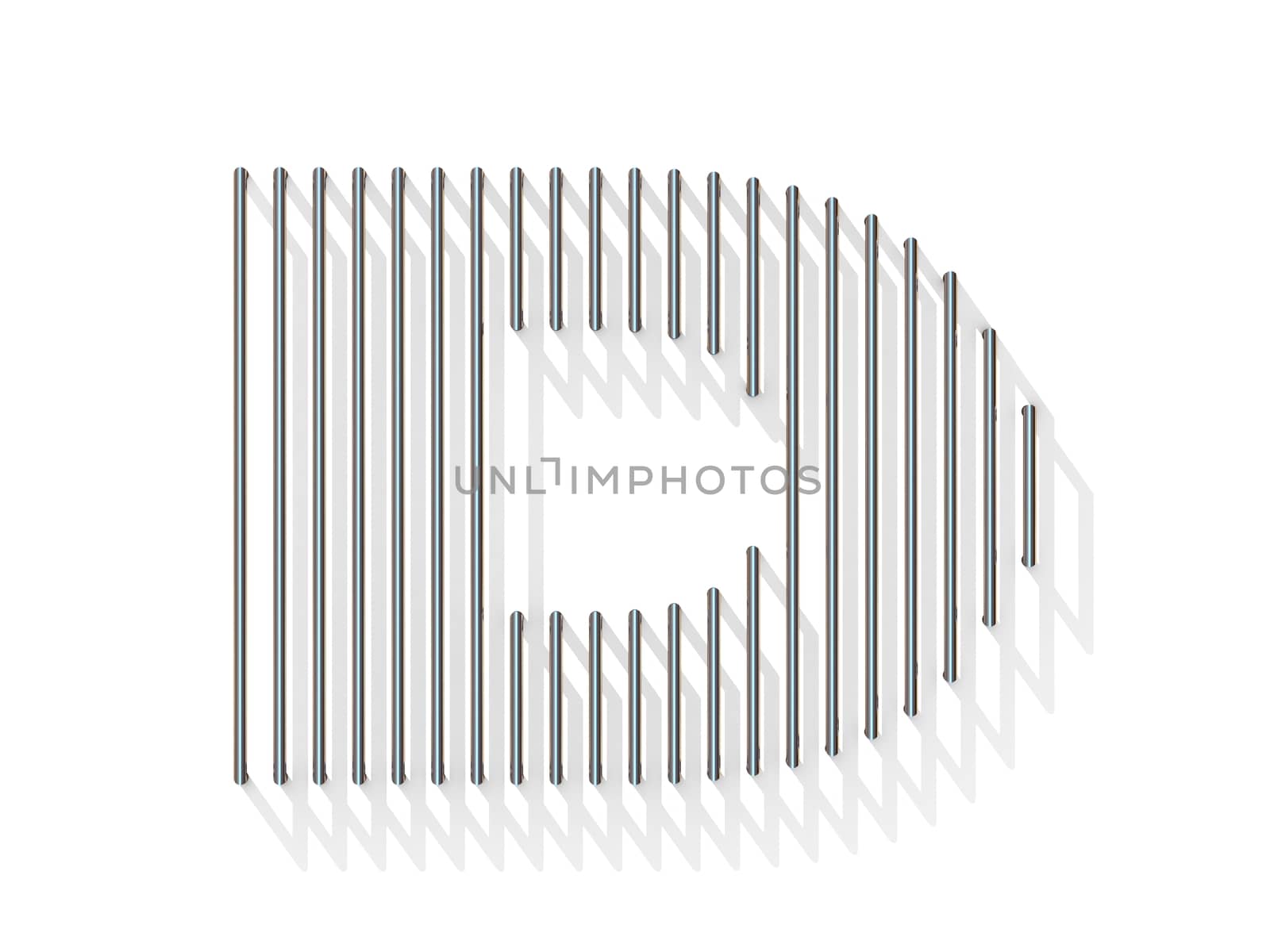 Silver, steel wire font. Letter D with vertical shadows.  3D render illustration isolated on white background