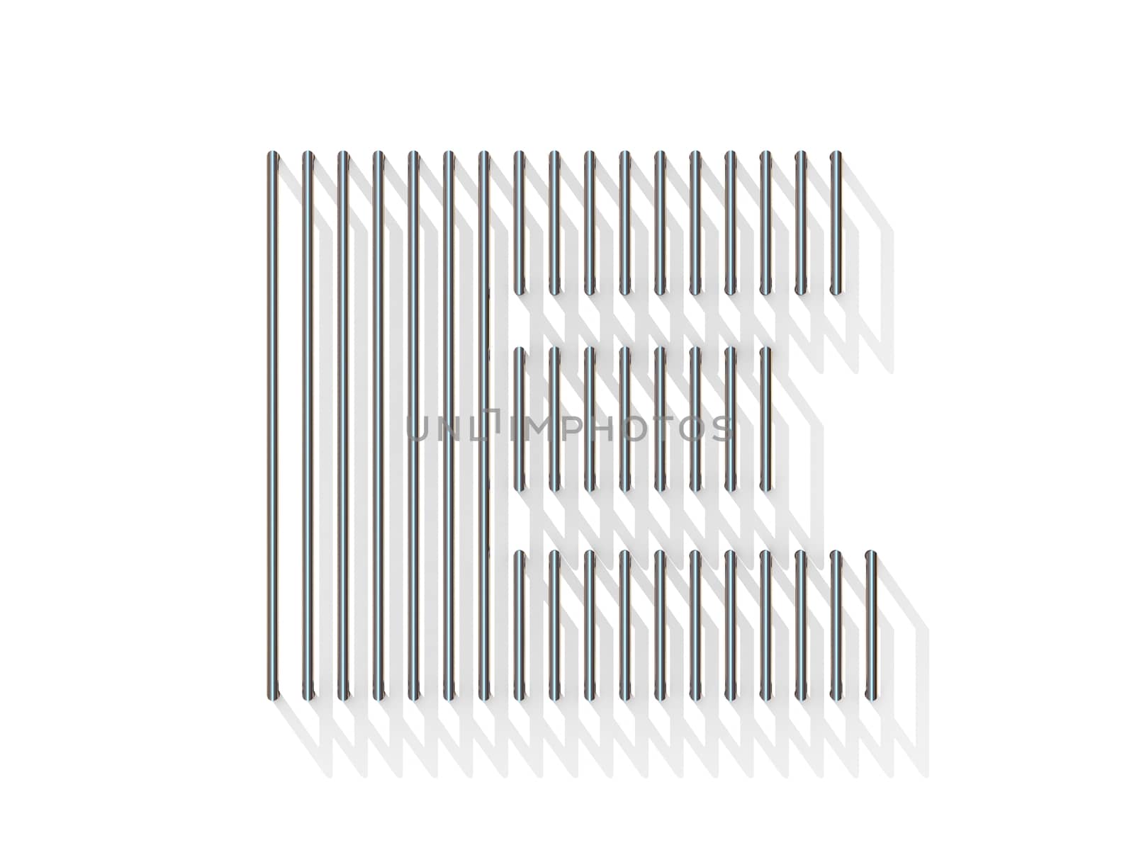 Silver, steel wire font. Letter E with vertical shadows.  3D render illustration isolated on white background