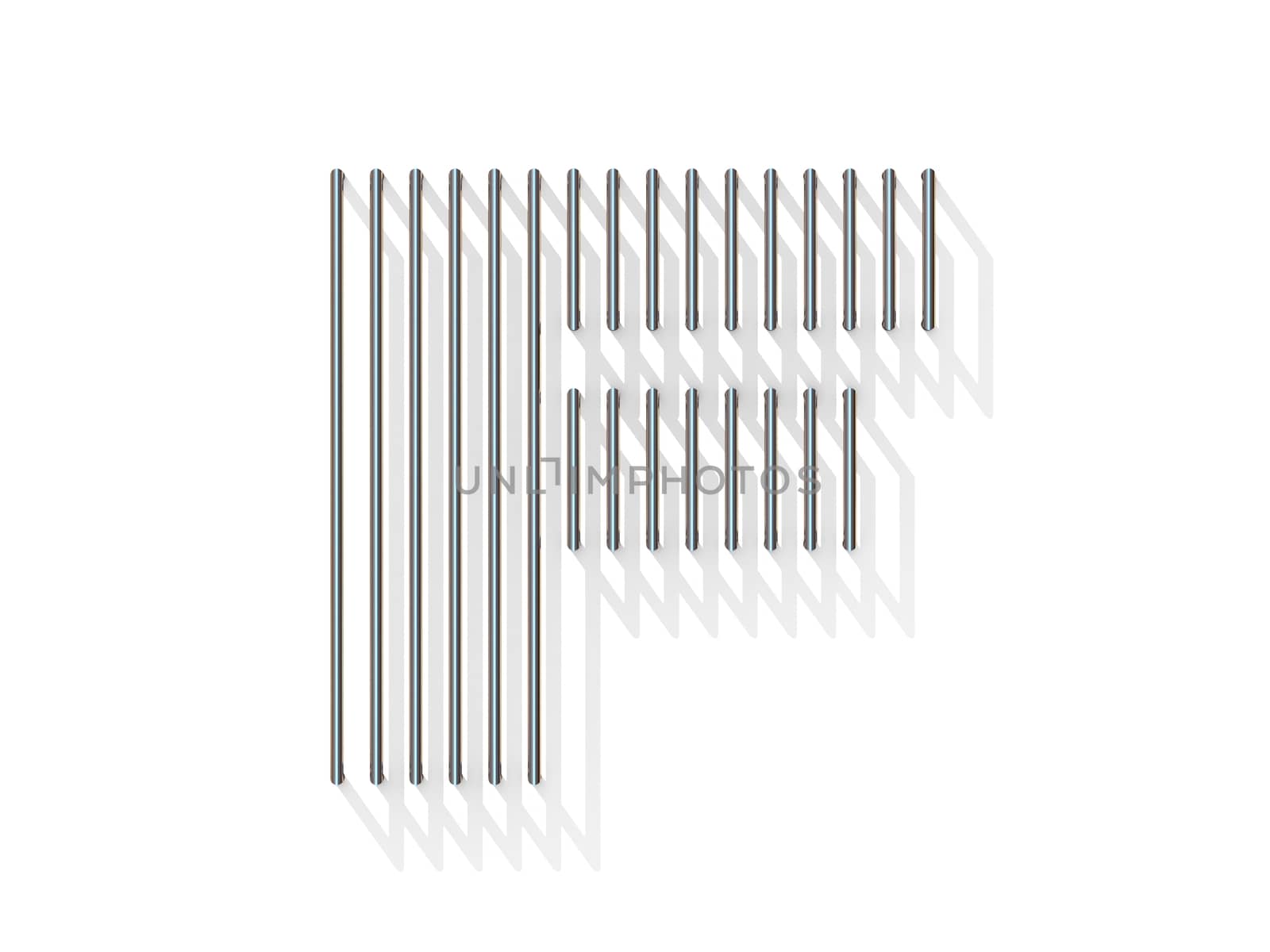 Silver, steel wire font. Letter F with vertical shadows.  3D render illustration isolated on white background