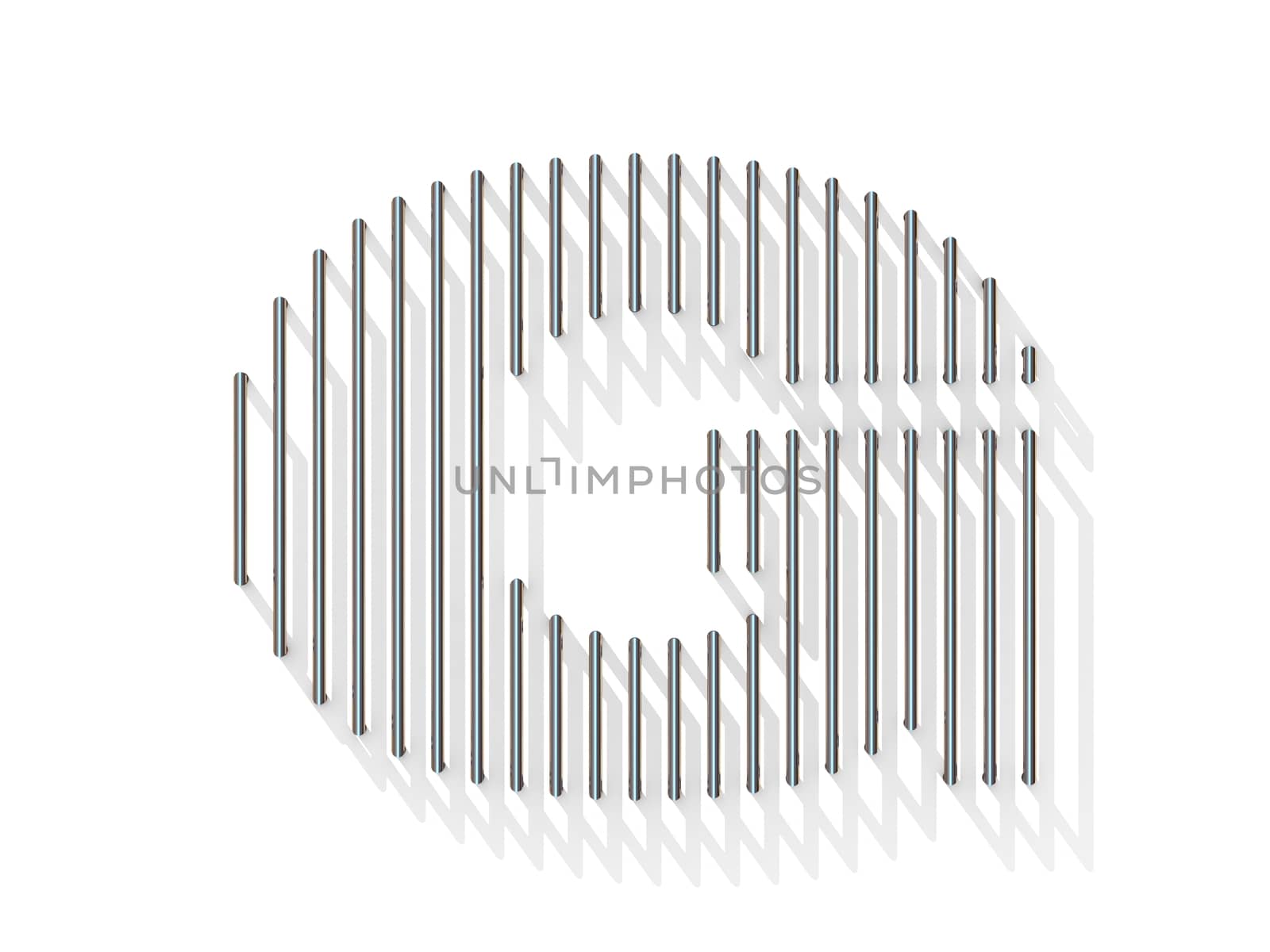 Silver, steel wire font. Letter G with vertical shadows.  3D render illustration isolated on white background