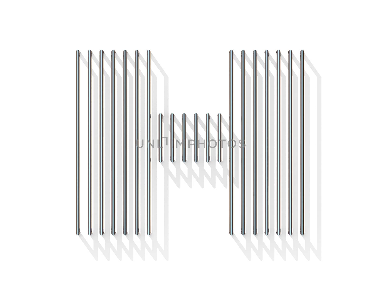 Silver, steel wire font. Letter H with vertical shadows.  3D render illustration isolated on white background