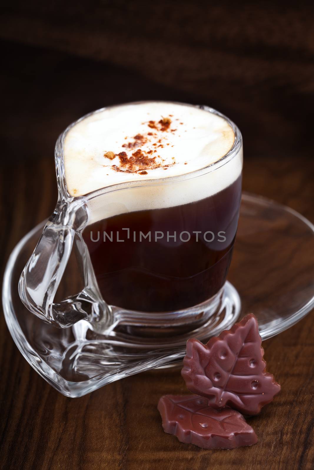 Cup of Cappuccino coffee with chocolate leaves