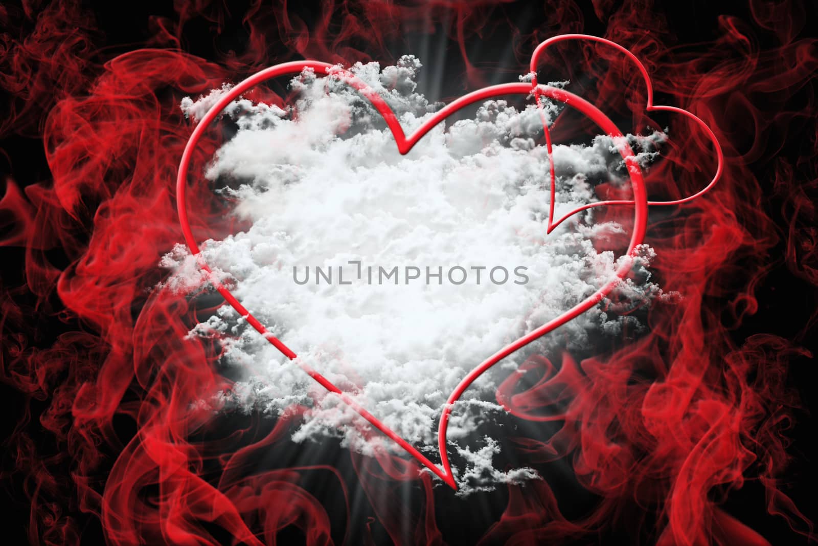 Hearts and White Fluffy Clouds With Red Smoke. Valentine's Day Concept Background 3D Illustration 