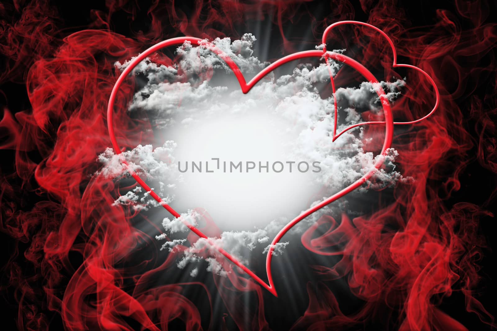 Hearts and White Fluffy Clouds With Red Smoke. Valentine's Day Concept Background 3D Illustration