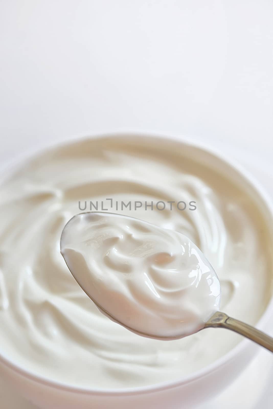 Ceramic bowl of white yogurt in spoon