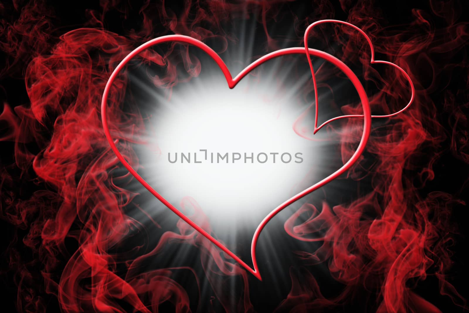 Hearts and Red Smoke With Light Burst. Valentine's Day Love Concept Background 3D Illustration