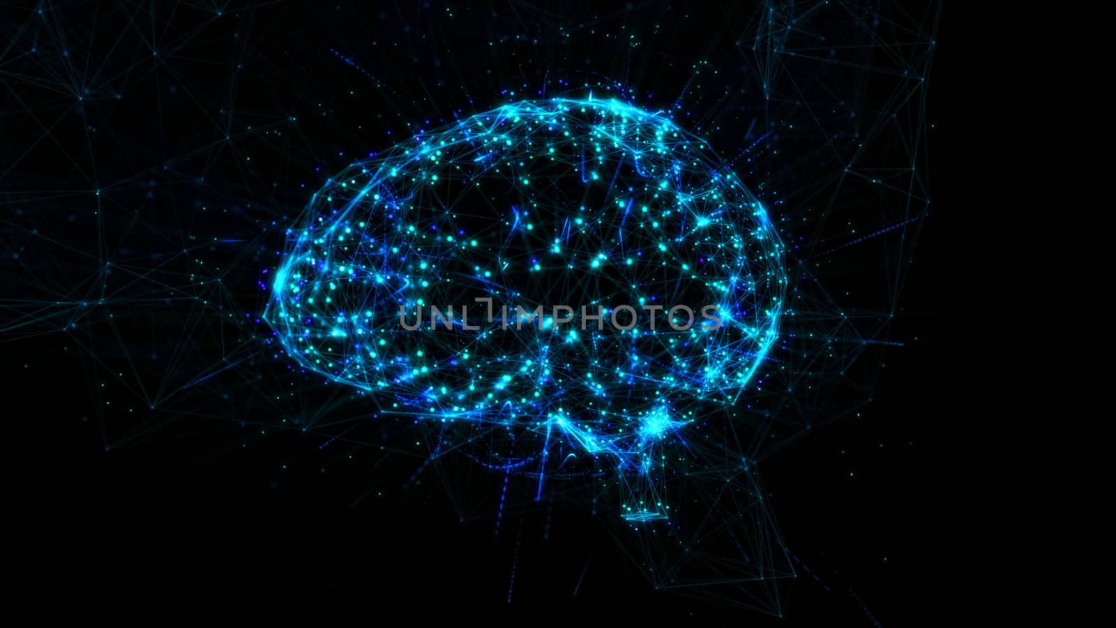 Polygonal brain shape of an artificial intelligence with lines and glowing dots and shadow over the dark blue background. 3D rendering.