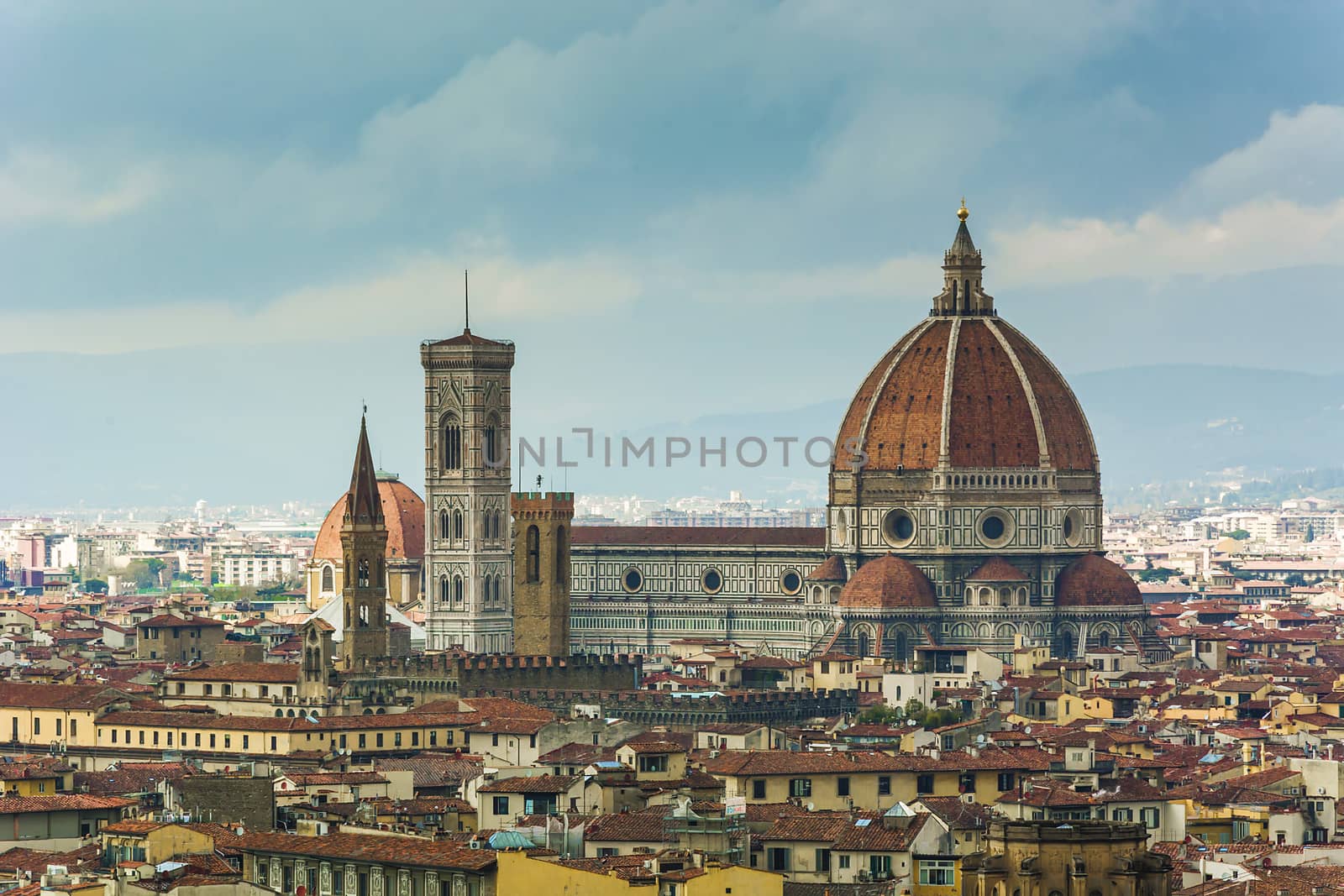 panoramic view od Florence Duomo Santa Maria in Fiore with the Giotto tower bell and the Brunelleschi Dome