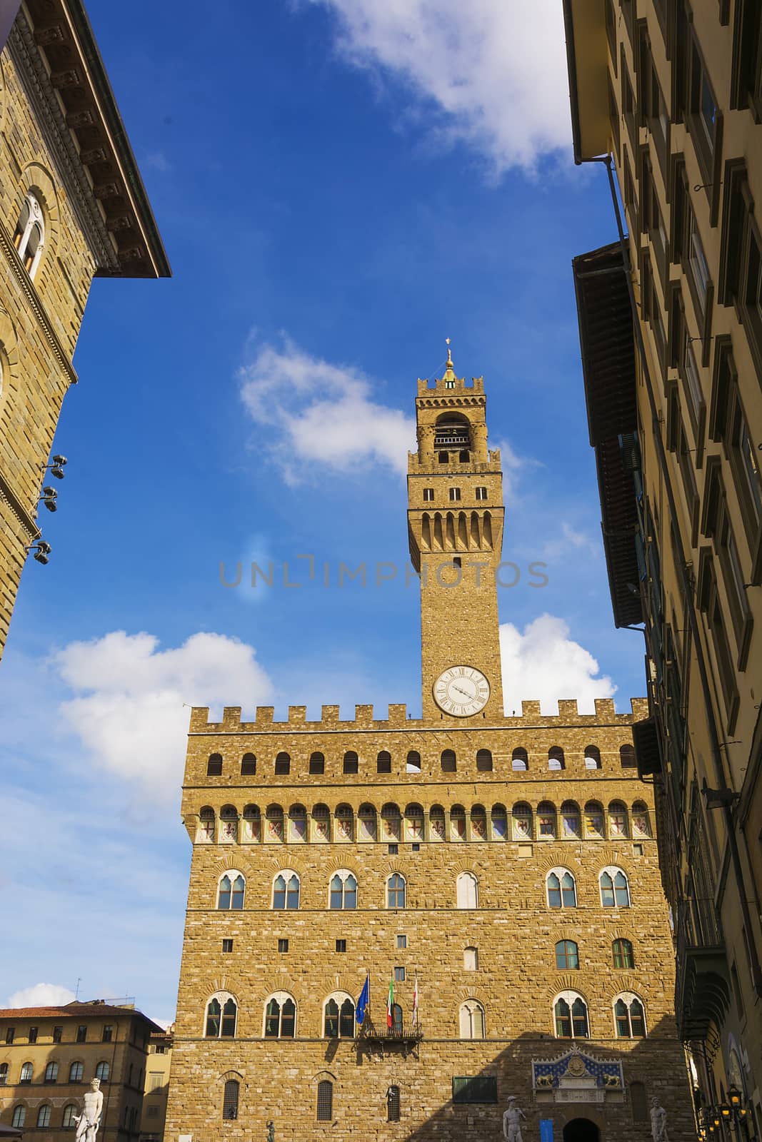 Bottom view of Palazzo Vecchio in Florence, Italy