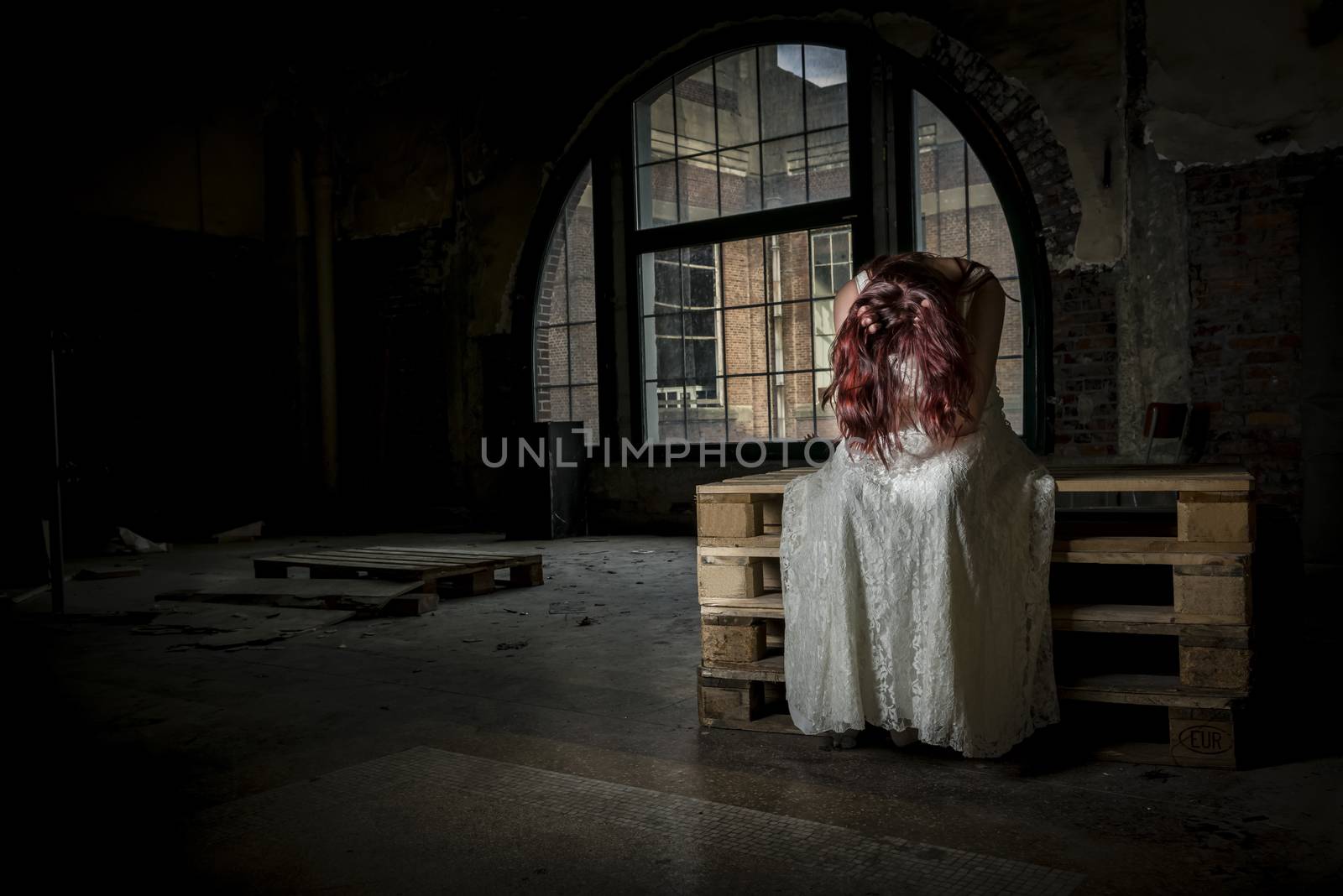 young bride sitting in an old building and has regretted her dec by itsajoop