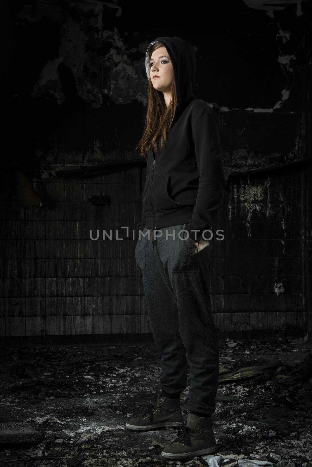 young woman in a burned house by itsajoop