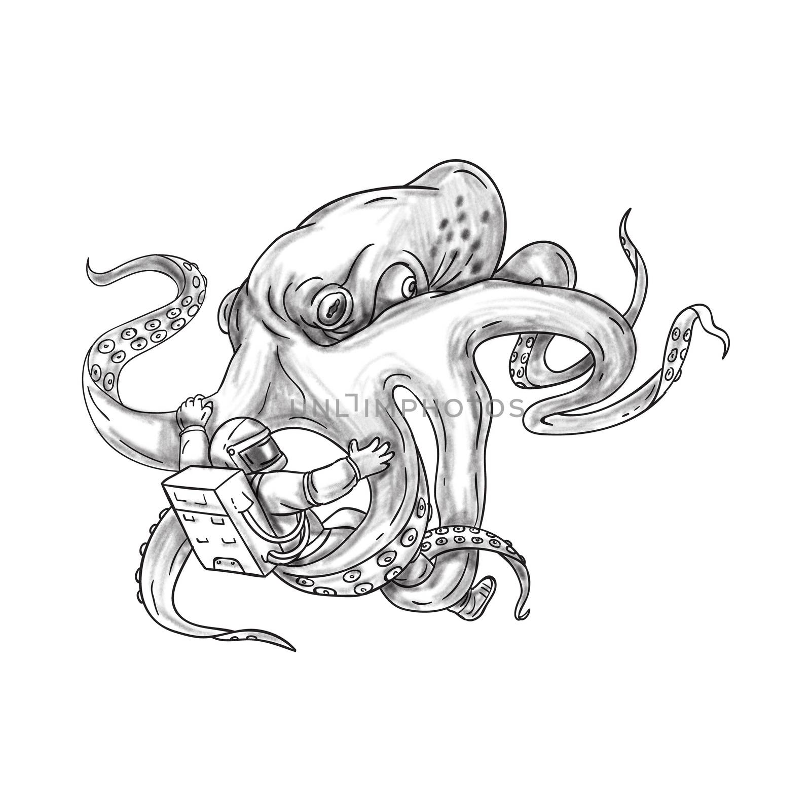 Giant Octopus Fighting Astronaut Tattoo by patrimonio