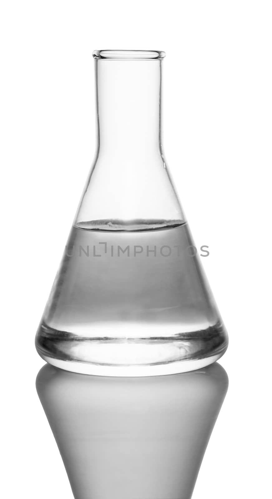 Chemical flask with liquid on a white background
