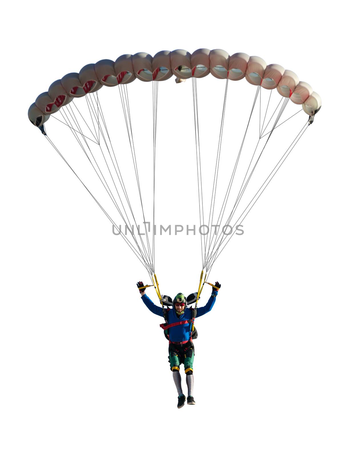 extreme sport skydiver closeup on a white background