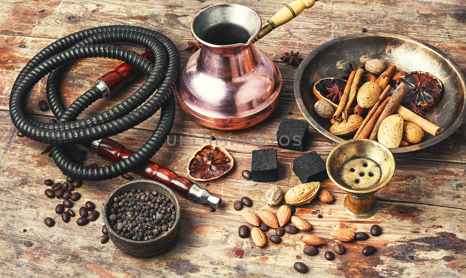 aroma arab hookah with coffee in vintage style