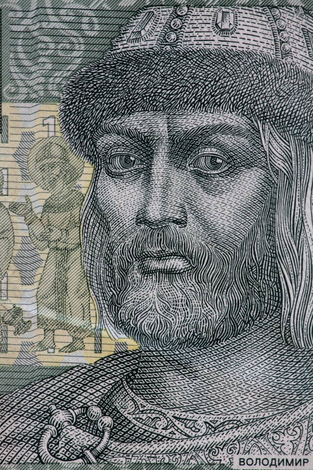 Prince Vladimir portrait on Ukrainian banknotes macro shot