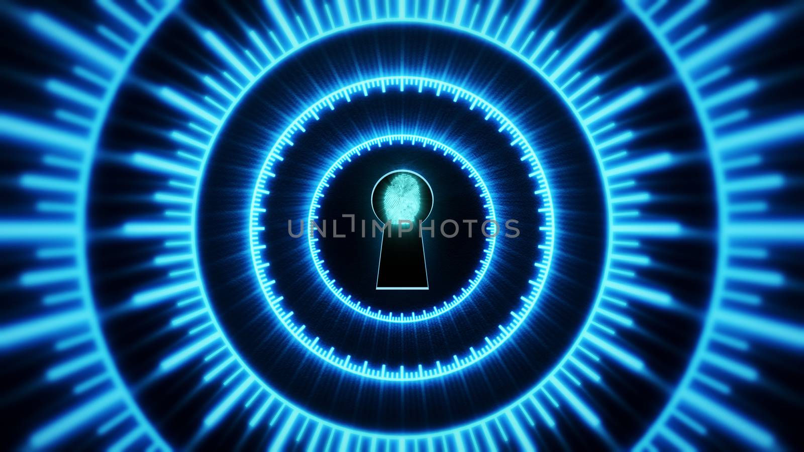 Security concept: fingerprint in the keyhole and technology element. Cybersecurity.