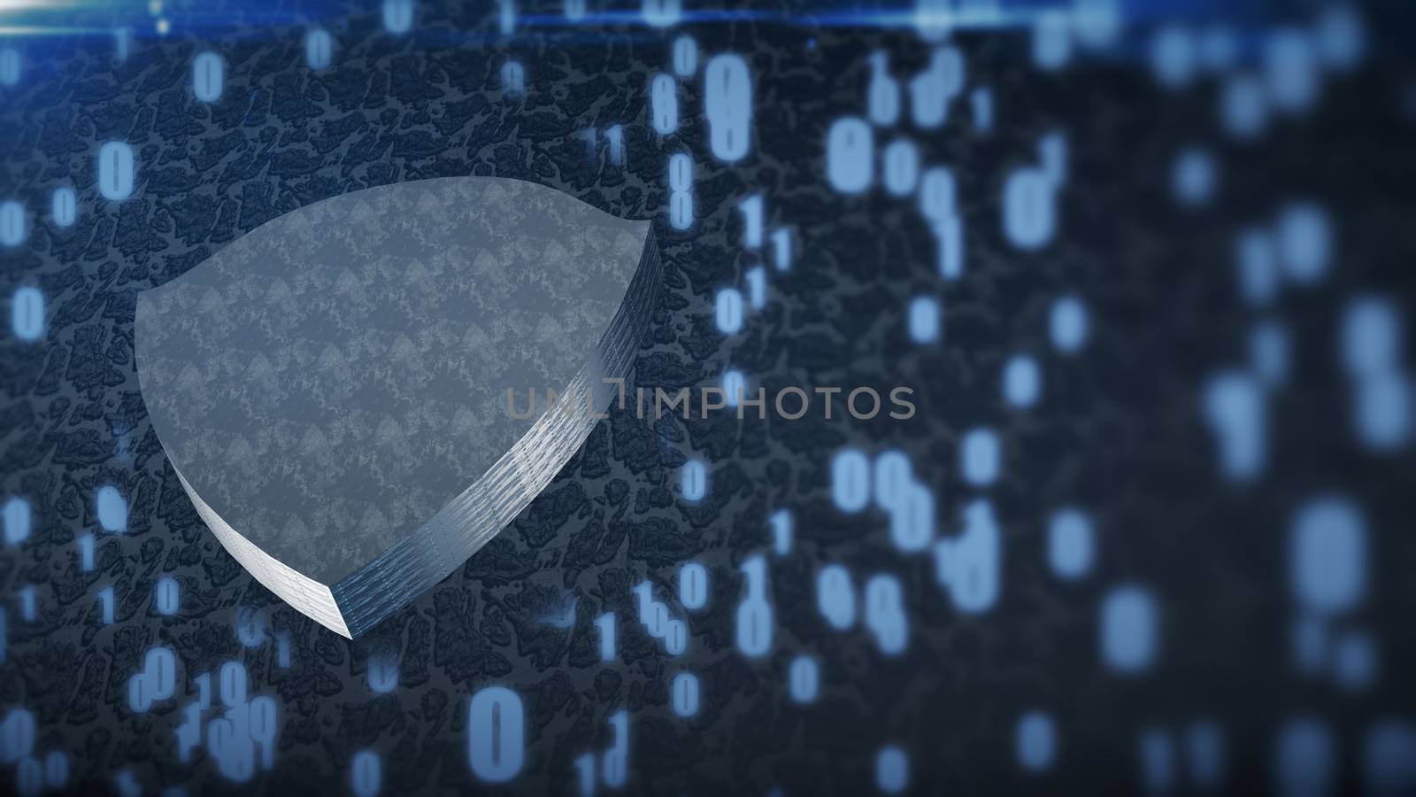 The composition of cybersecurity. Shield with binary code and depth of field. 3D rendering