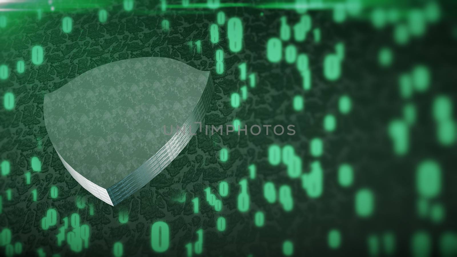 The composition of cybersecurity. Shield with binary code and depth of field. 3D rendering