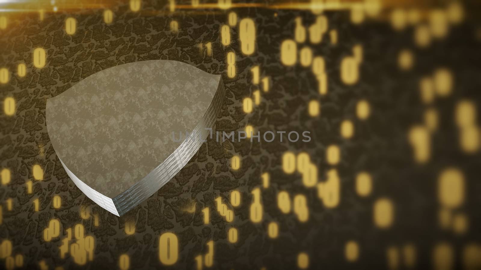 The composition of cybersecurity. Shield with binary code and depth of field. 3D rendering