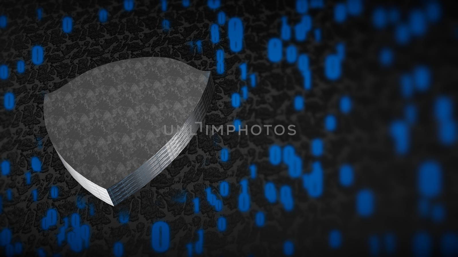 The composition of cybersecurity. Shield with binary code and depth of field. 3D rendering