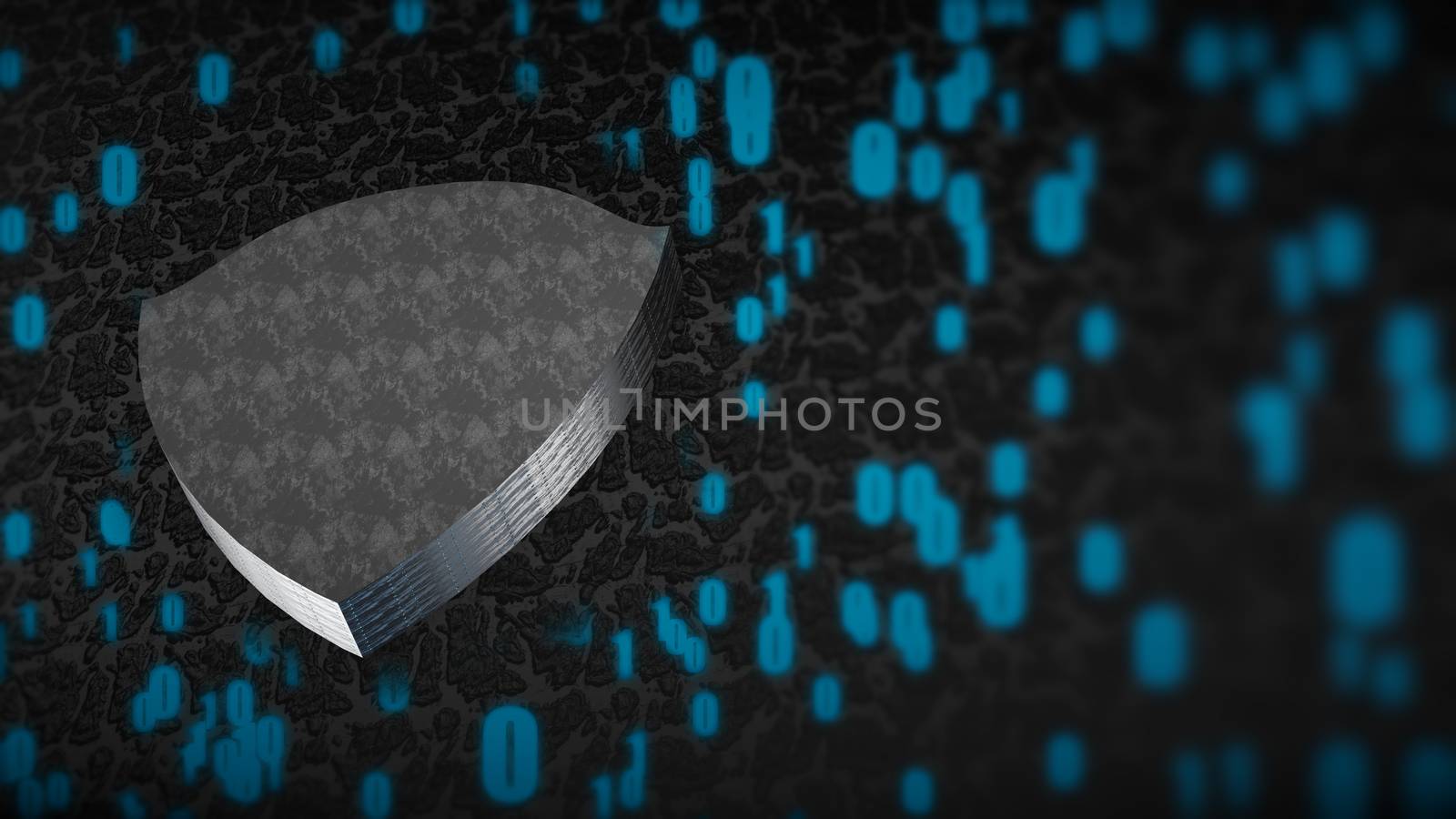 The composition of cybersecurity. Shield with binary code and depth of field. 3D rendering