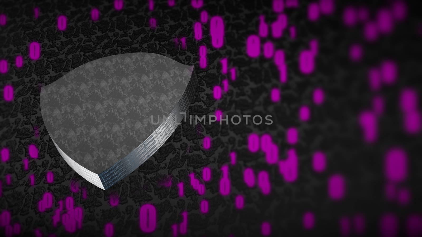 The composition of cybersecurity. Shield with binary code and depth of field. 3D rendering