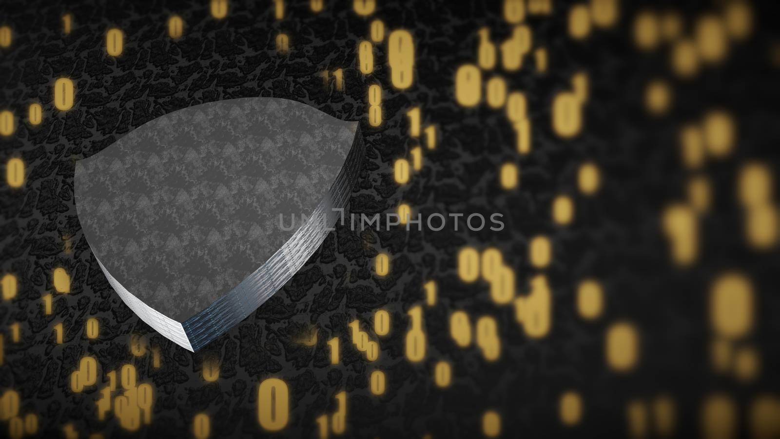 The composition of cybersecurity. Shield with binary code and depth of field. 3D rendering