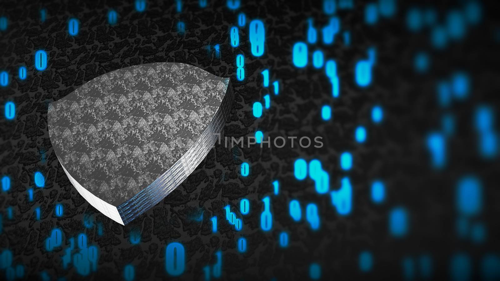 The composition of cybersecurity. Shield with binary code and depth of field. 3D rendering