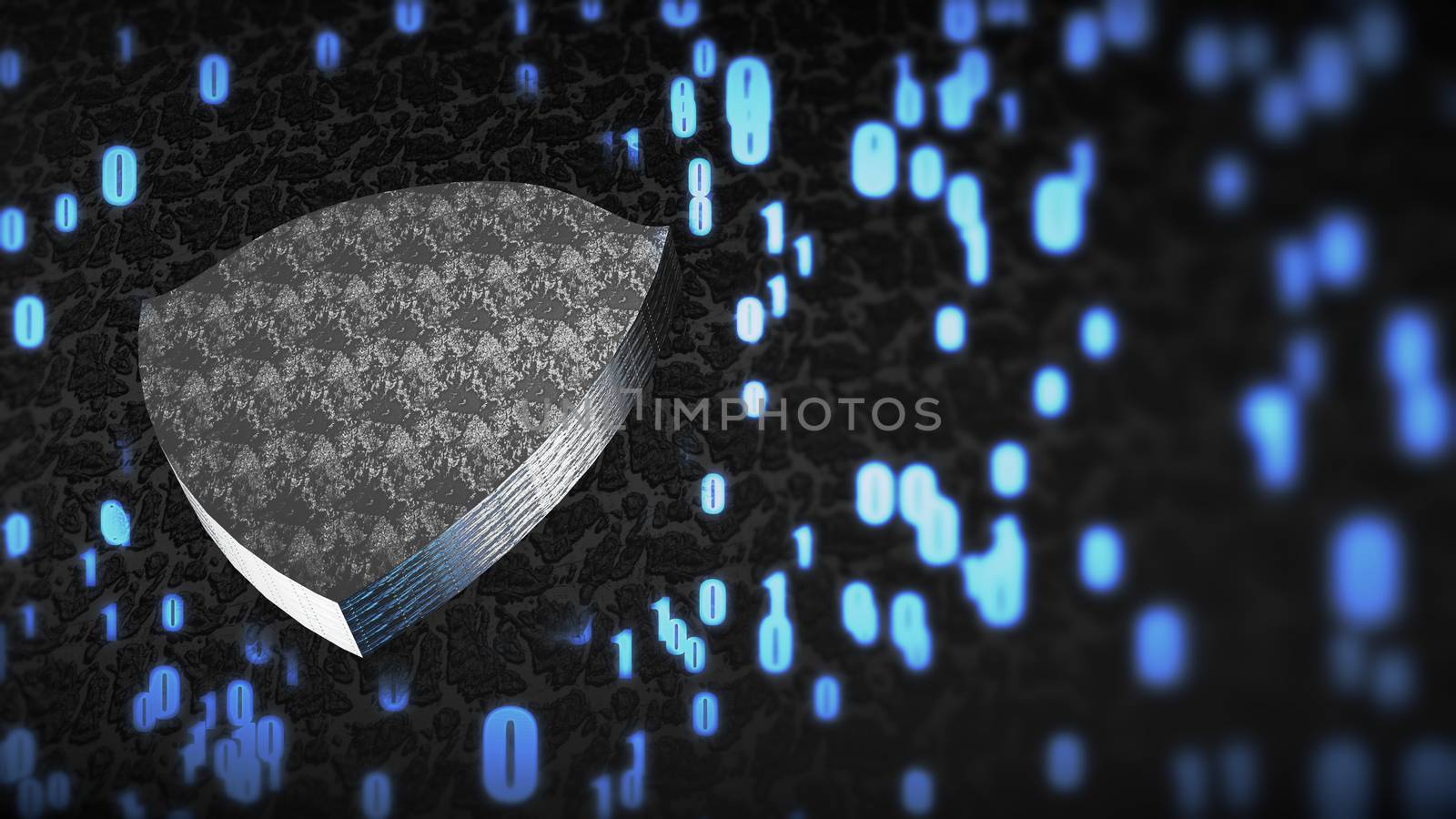 The composition of cybersecurity. Shield with binary code and depth of field. 3D rendering