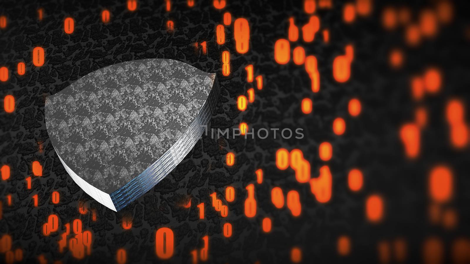 The composition of cybersecurity. Shield with binary code and depth of field. 3D rendering