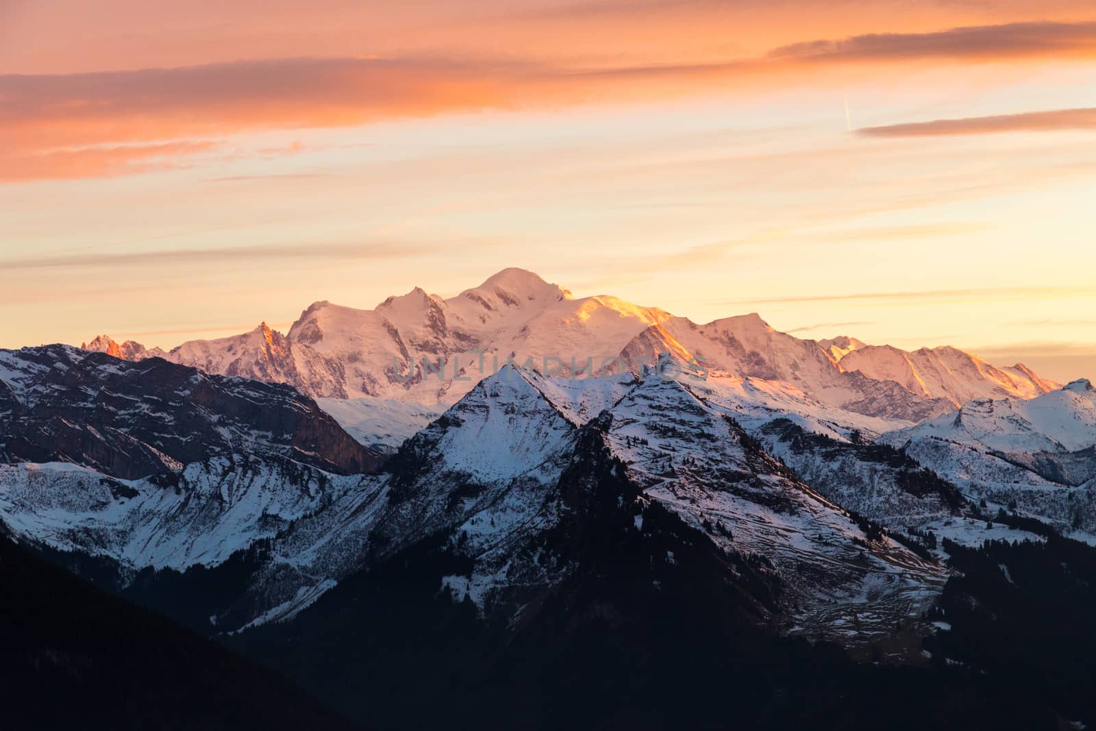 Sunset reflecting over the mountain Mont Blanc