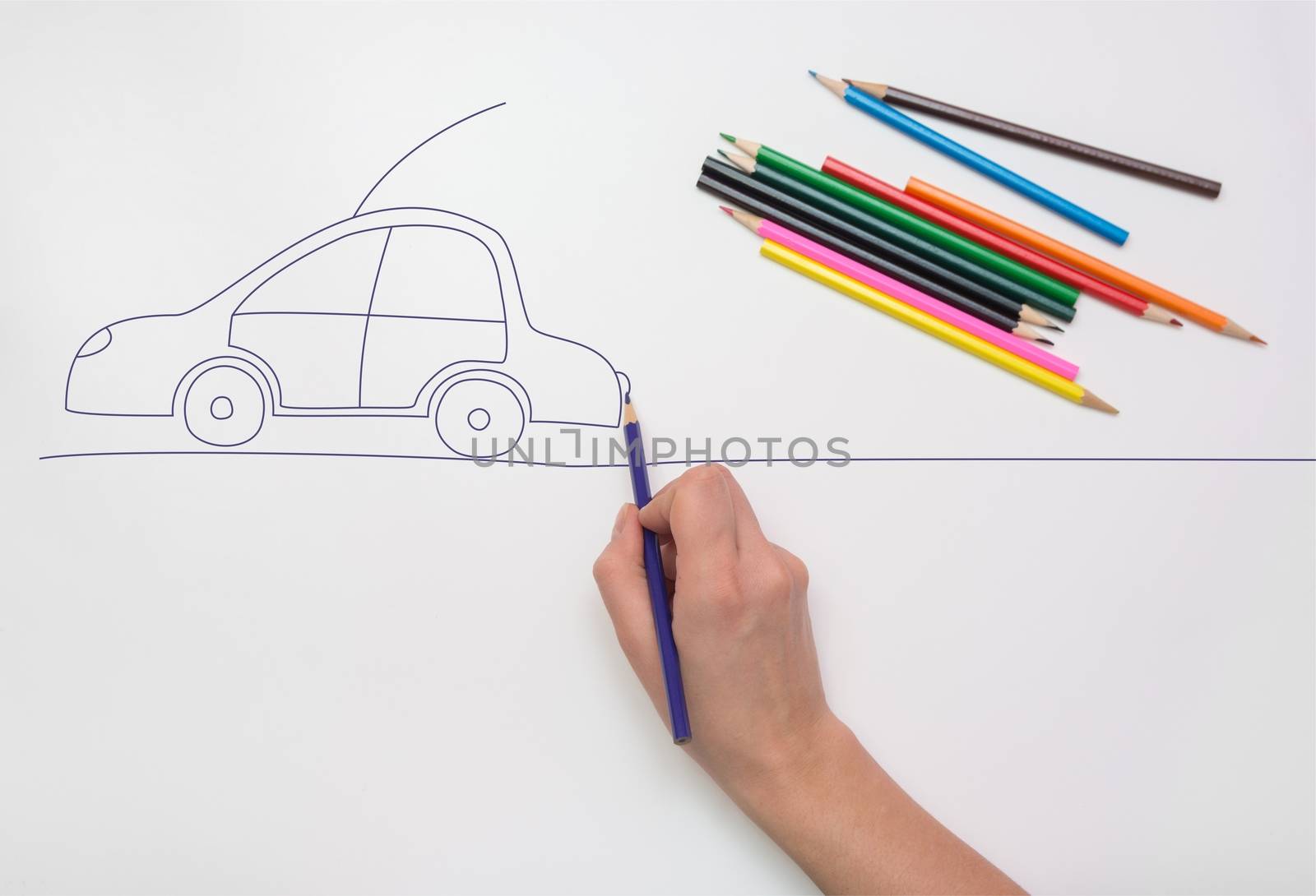 Hand painted car on the road with colored pencils