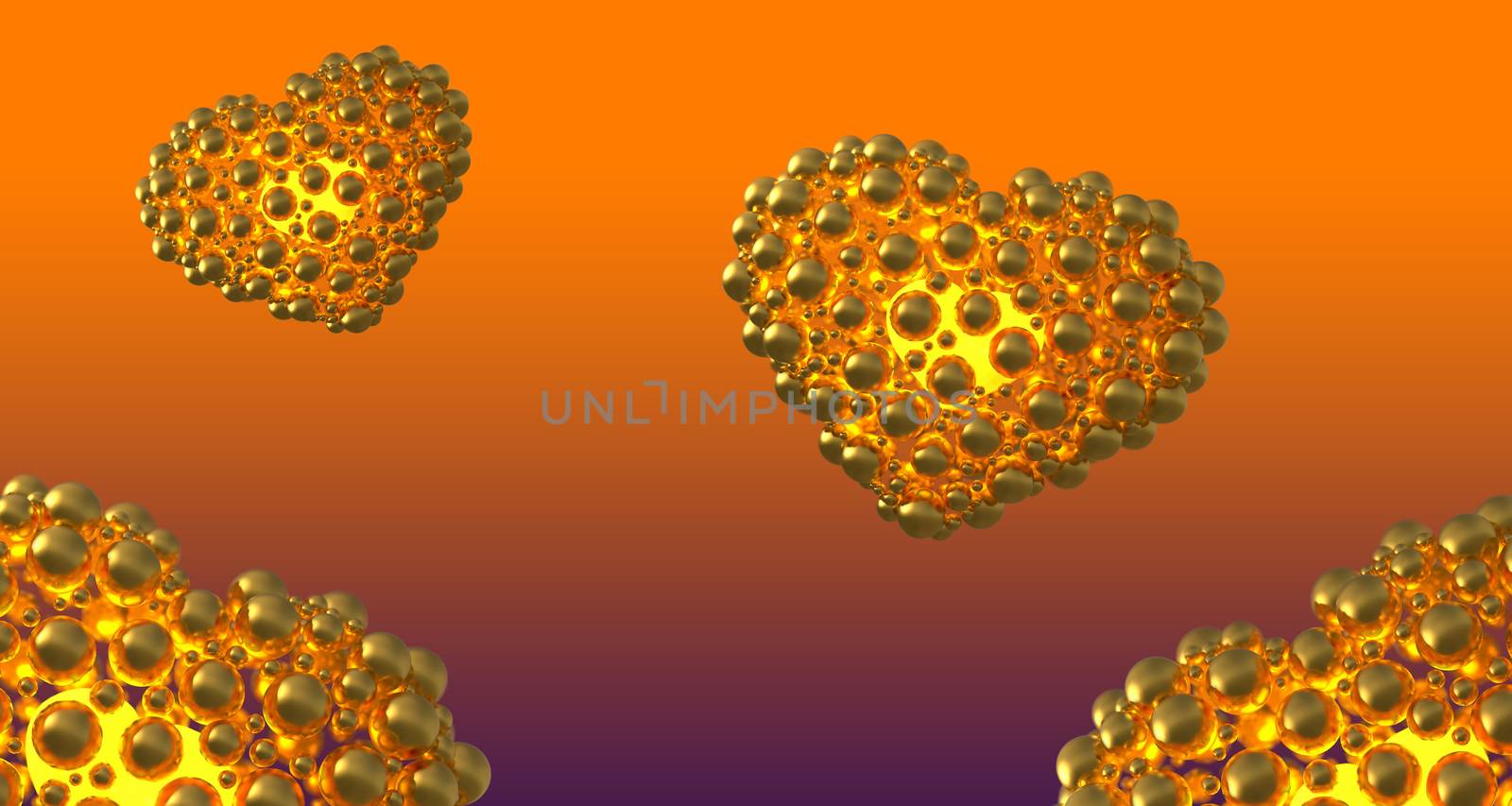 metal gold hearts made of spheres with reflections and flying over violet gradient bacground. Happy valentines day 3d illustration. Copyspace for your design text by skrotov