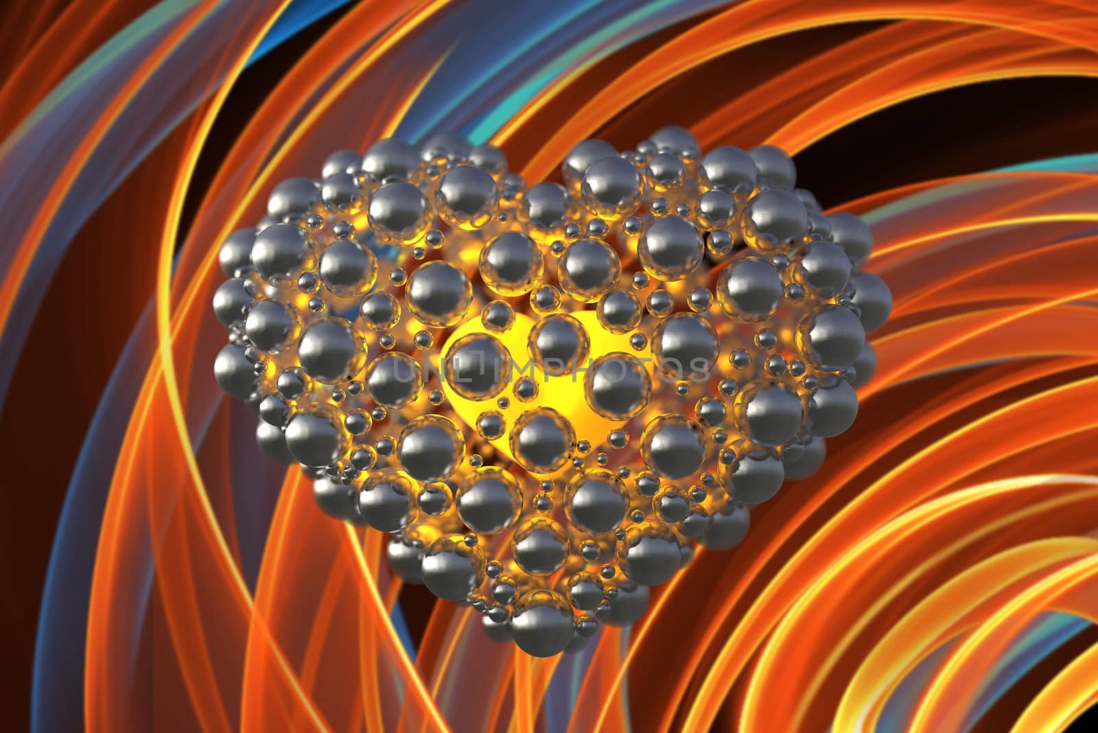 metal gold heart made of spheres with reflections isolated on orange flame background. Happy valentines day 3d illustration.