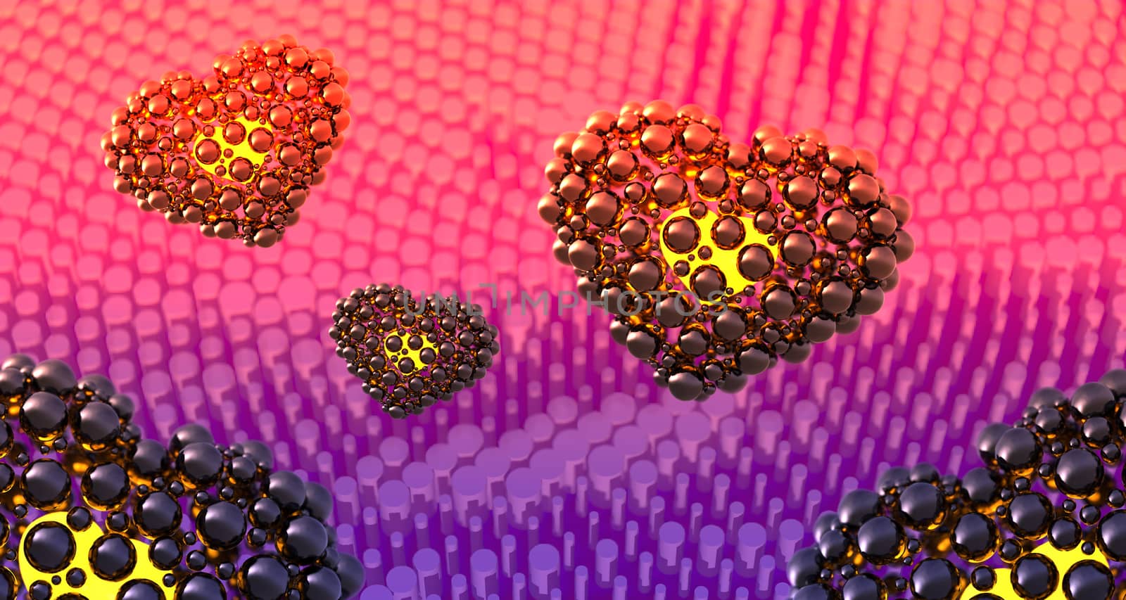 black hearts made of spheres with reflections and flying over cylindrical abstract bacground. Happy valentines day 3d illustration.