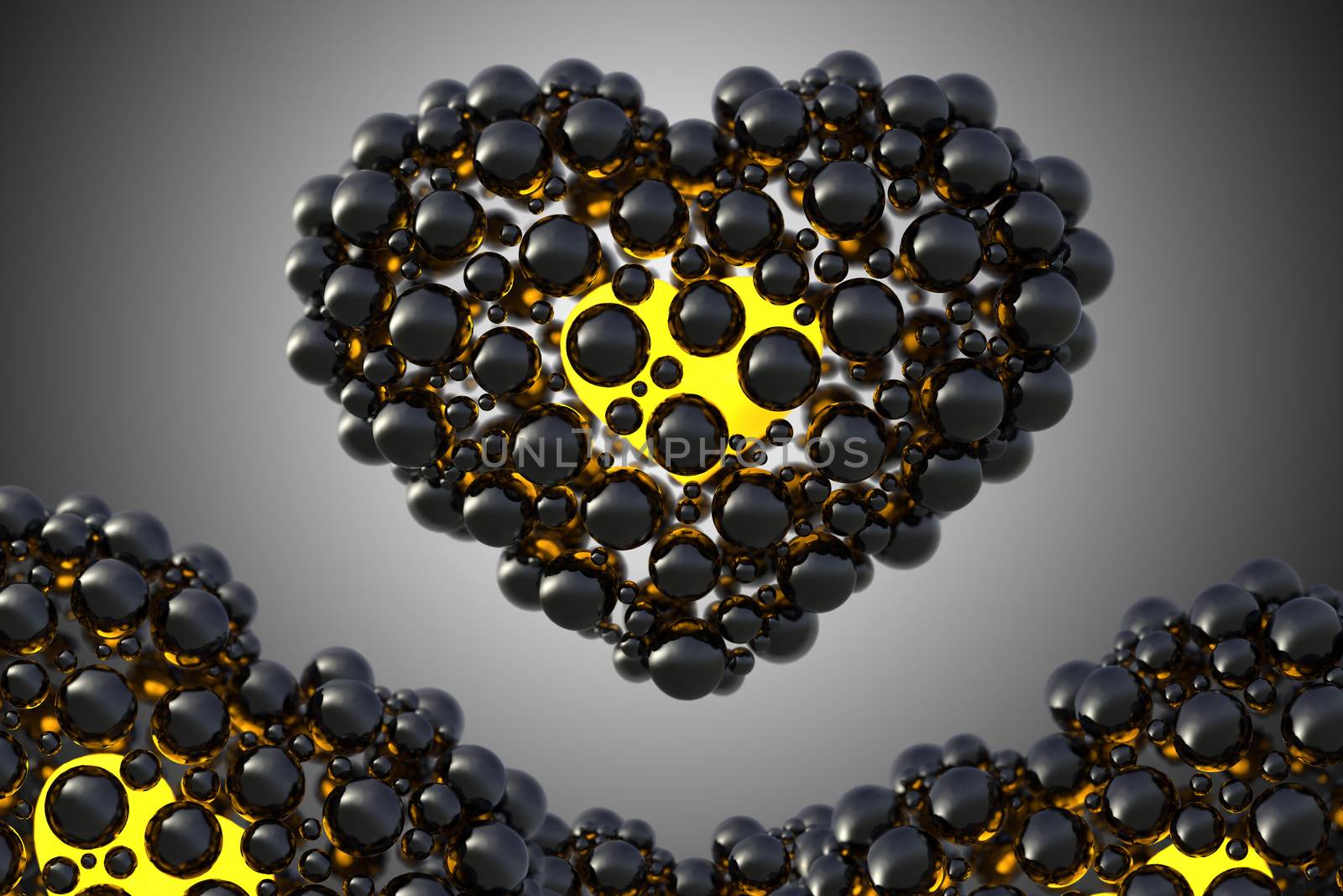 black heart made of spheres with reflections isolated on space background. Happy valentines day 3d illustration.