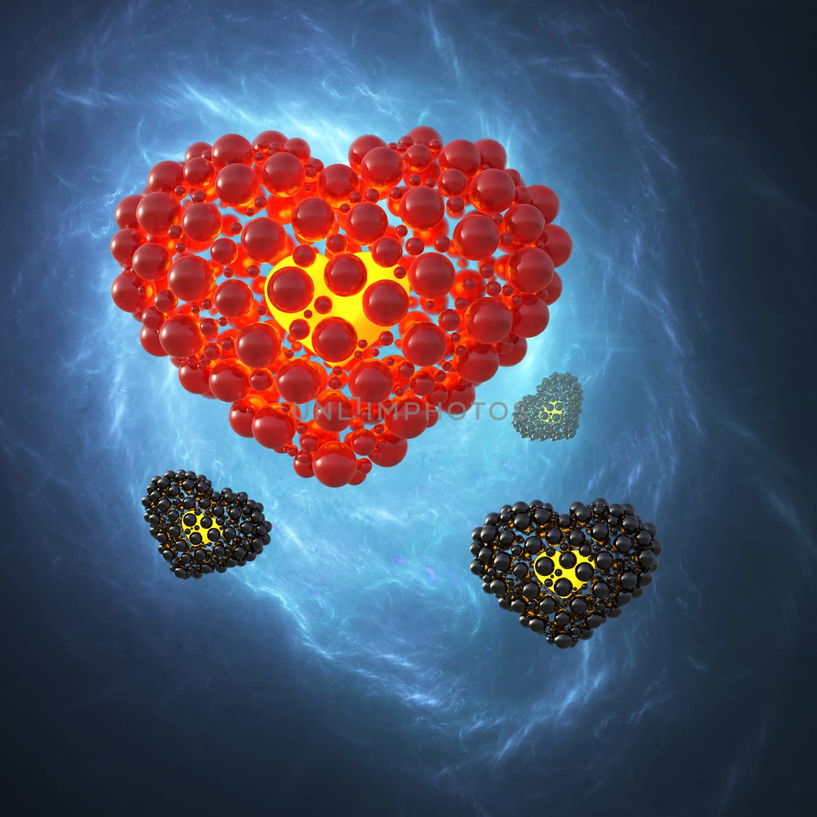 Red heart made of spheres with reflections isolated on blue galaxy space background. Happy valentines day 3d illustration.